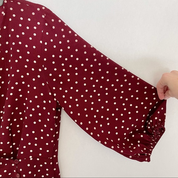 Bobeau Side Button Wrap Blouse Burgundy/Ivory Dot - Picture 4 of 14